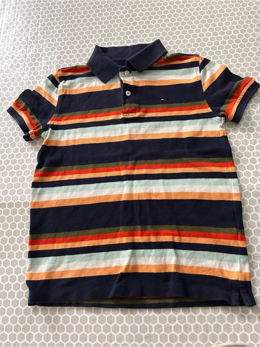 Tommy Hilfiger Boys' Navy Multi-Stripe Polo Shirt. Size M (8-10)
